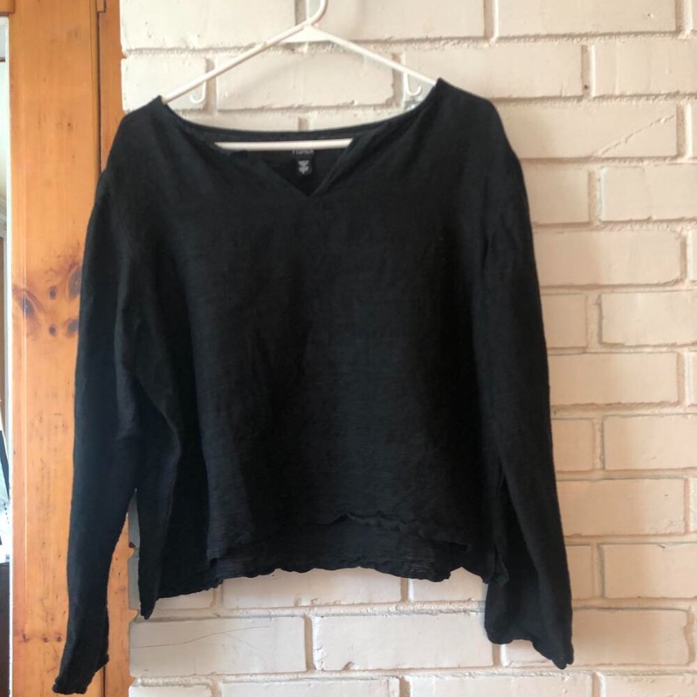 Eileen Fisher  Black Linen Blend Womens Top - L